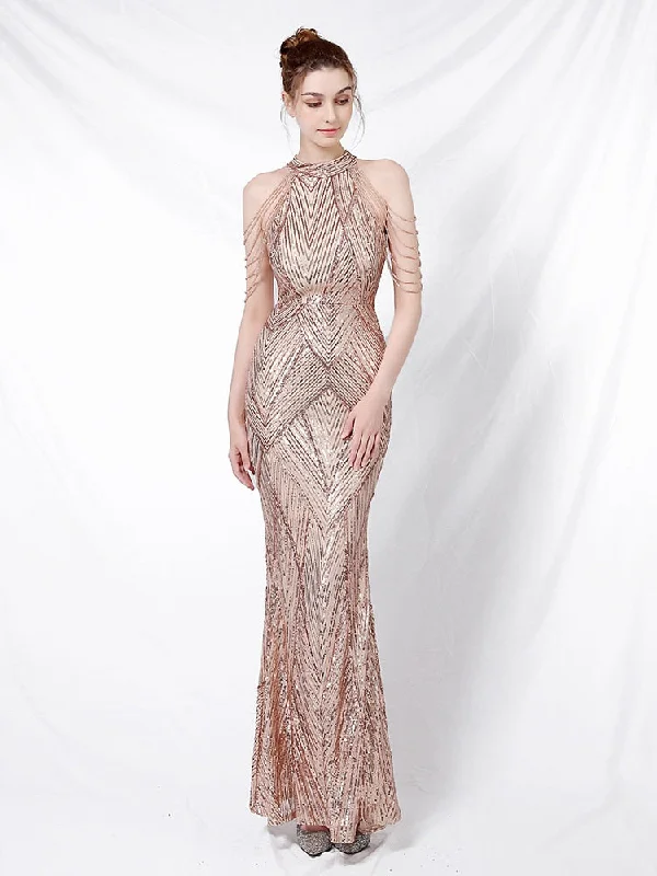 Elegant Halt Neck Diamond Sequin Embroider Formal Mermaid Evening Dress Sleeveless Women Gold Vestidos Sequin Dress Night Elegant Halt Neck Diamond Sequin Embroider Formal Mermaid Evening Dress Sleeveless Women Gold Vestidos Sequin Dress Night