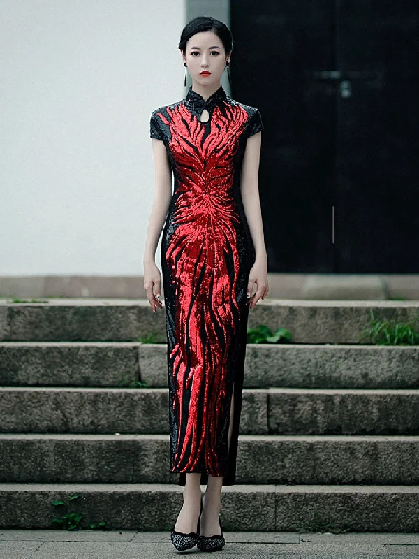 Fashion Sequins Embroidered Evening Dress Side-Slit Formal Occasion Women Black Red Short-Sleeve Tea-Length China Cheongsam Long Sleeve Sequin Fashion Sequins Embroidered Evening Dress Side-Slit Formal Occasion Women Black Red Short-Sleeve Tea-Length China Cheongsam Long Sleeve Sequin