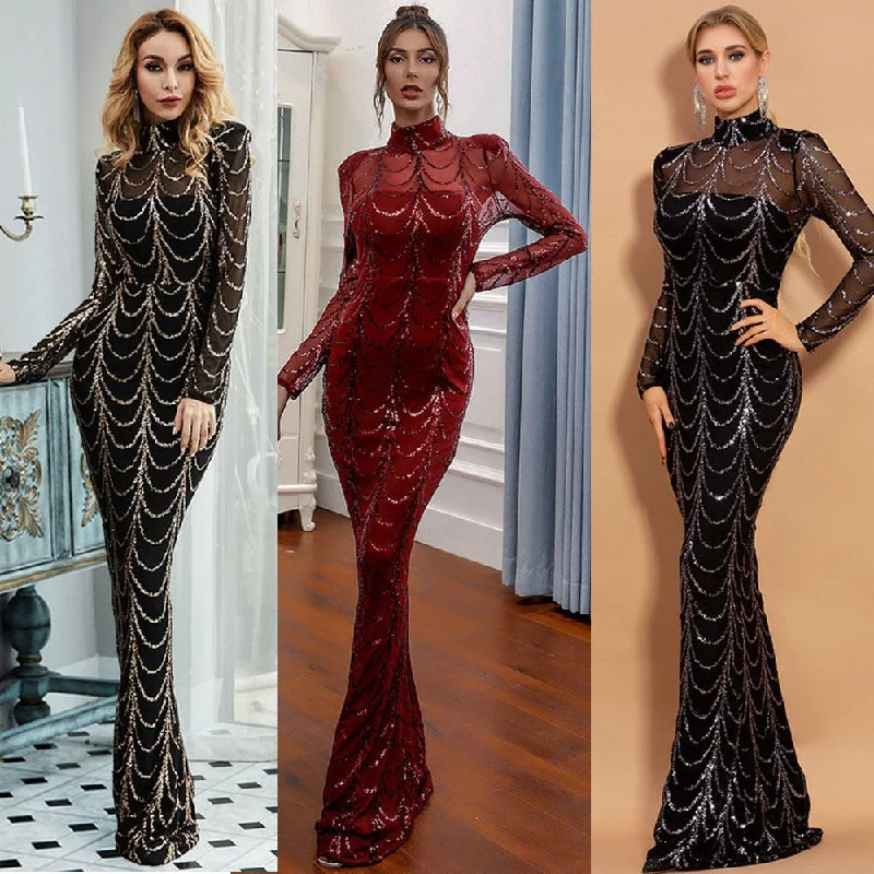 Full-sleeve Tulle Sequins Formal Evening Dress Floor-length Mermaid High-neck Gowns Elegant Black Gold Vestidos Sequin Dress Sleeveless Full-sleeve Tulle Sequins Formal Evening Dress Floor-length Mermaid High-neck Gowns Elegant Black Gold Vestidos Sequin Dress Sleeveless