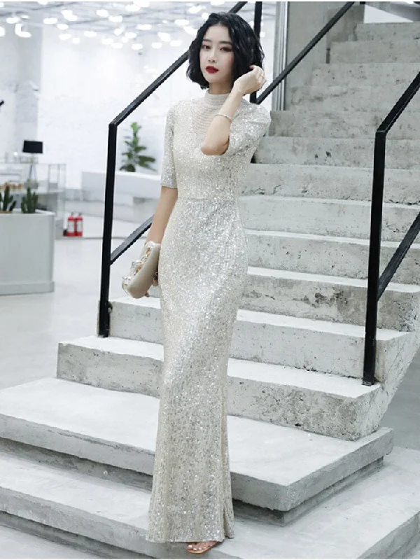 Half-Sleeve Sequins Evening Dress Perspective Neck Formal Occasion Gown Mermaid Backless Silver Prom Dress Sequin Maxi Dress Half-Sleeve Sequins Evening Dress Perspective Neck Formal Occasion Gown Mermaid Backless Silver Prom Dress Sequin Maxi Dress