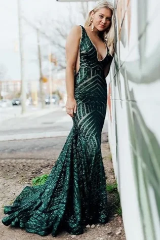 Jovani Plunging Neckline Open Back Cut Out Sequins Gown Sequin Shift Dress