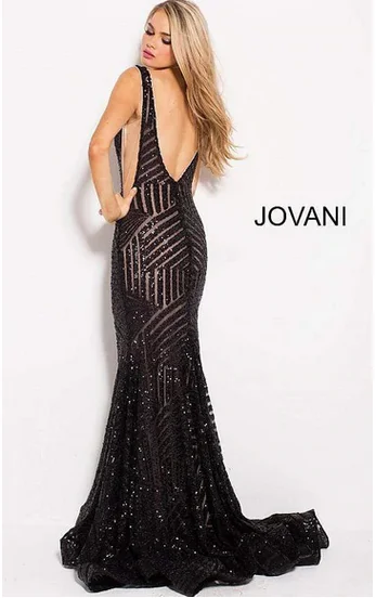 Jovani Plunging Neckline Open Back Cut Out Sequins Gown Glitter Sequin Dress
