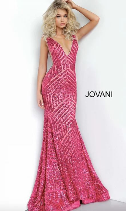 Jovani Plunging Neckline Open Back Cut Out Sequins Gown Sequin Wrap Dress