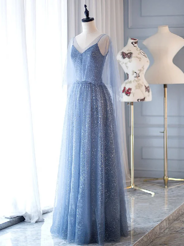 Lace Prom Dresses V Neck A Line Dusty Blue Long Sparkly Prom Dress JKL1703 Lace Dress Fit