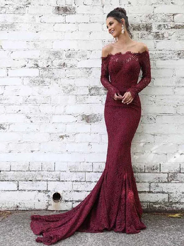 Long Sleeve Prom Dresses Off-the-shoulder Mermaid Long Burgundy Lace Prom Dress JKL1697 Lace Dress Bohemian Long Sleeve Prom Dresses Off-the-shoulder Mermaid Long Burgundy Lace Prom Dress JKL1697 Lace Dress Bohemian
