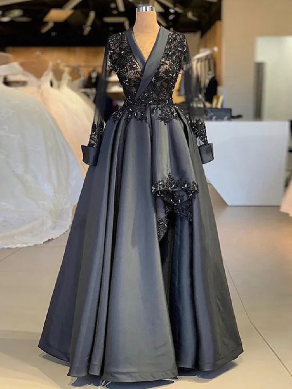 Long Sleeve Prom Dresses V-neck Fashion Black Prom Dress Lace Evening Dress JKL1495 Lace Detail Dress