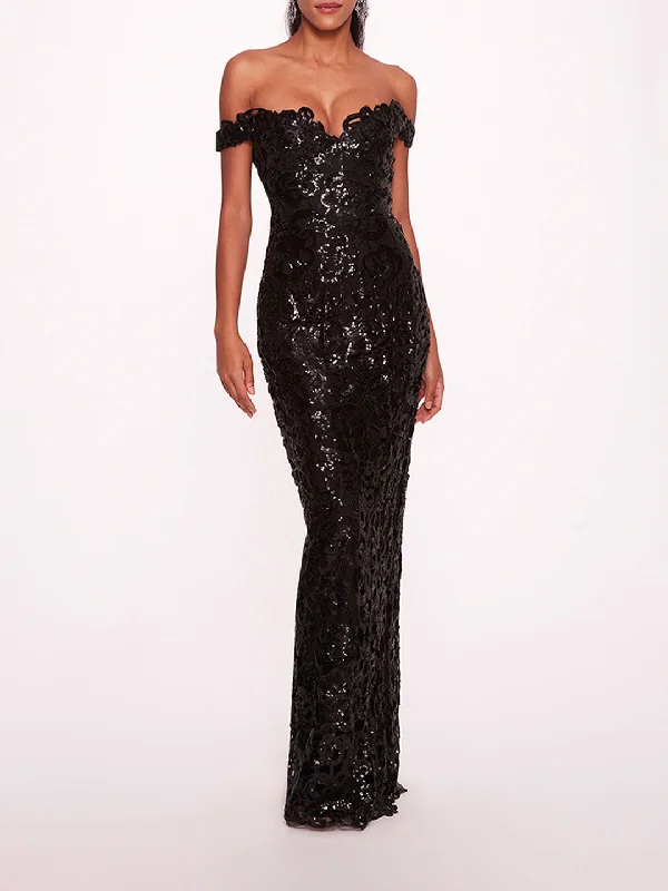 Marchesa Notte Organic Neckline off the shoulder Sequin Gown V-neck Sequin Dress