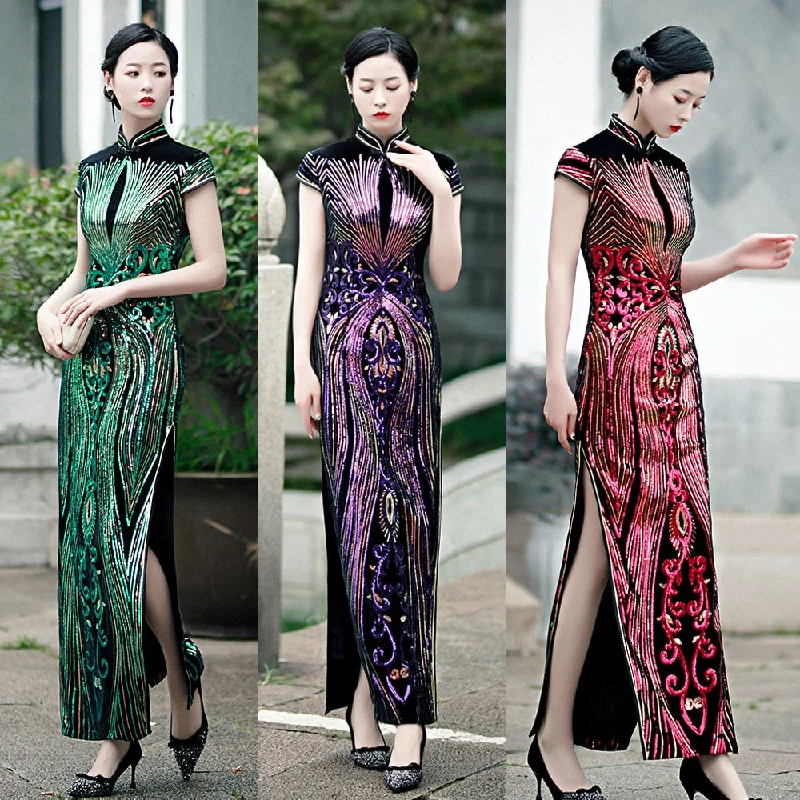 New Sequins Cheongsam Embroidered High-slit China Formal Evening Dress Women Short-Sleeve Long Dress Sequin Dress Appeal New Sequins Cheongsam Embroidered High-slit China Formal Evening Dress Women Short-Sleeve Long Dress Sequin Dress Appeal