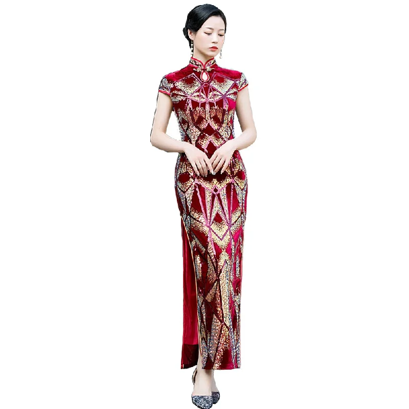 New Sequins Embroidered Evening Dress High-slit Formal Occasion Women Velour Short-Sleeve Long China Cheongsam Ruffled Sequin Dress New Sequins Embroidered Evening Dress High-slit Formal Occasion Women Velour Short-Sleeve Long China Cheongsam Ruffled Sequin Dress