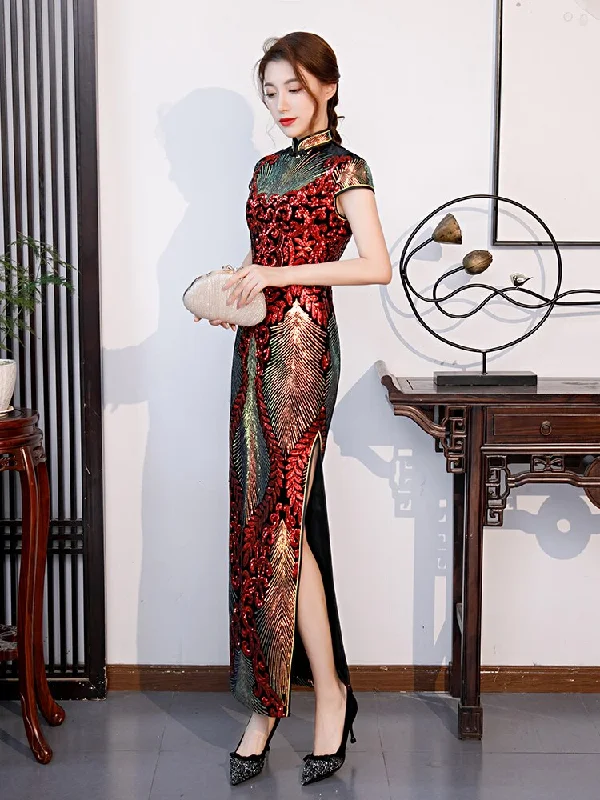 New Sequins Evening Dress Embroidered High-slit China Formal Occasion Women Short-Sleeve Long Cheongsam Sequin Dress Fashion New Sequins Evening Dress Embroidered High-slit China Formal Occasion Women Short-Sleeve Long Cheongsam Sequin Dress Fashion