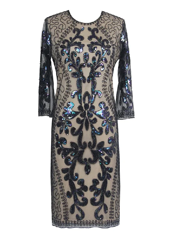 O Neck Formal Half Sleeve Women 1920s Vintage Gowns Tea Length Sequins Tulle Evening Dress Metallic Sequin Dress O Neck Formal Half Sleeve Women 1920s Vintage Gowns Tea Length Sequins Tulle Evening Dress Metallic Sequin Dress