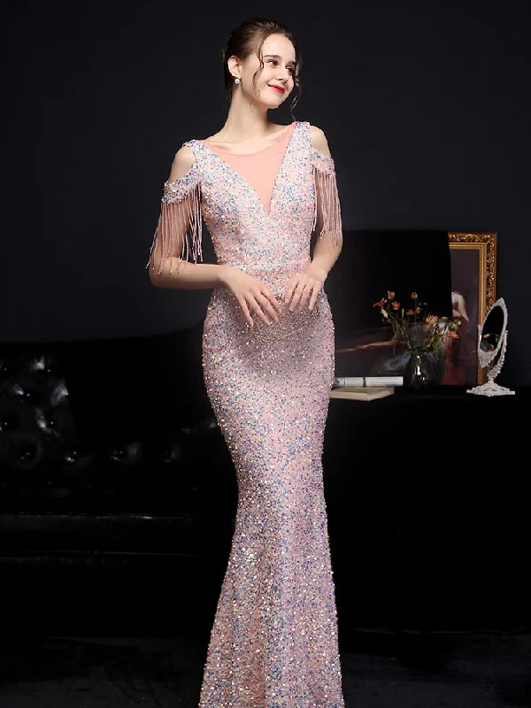 Off Shoulder Backless Evening Dress Women Mermaid Sequins Gowns Short Sleeve Tassels Formal Dress Floor-length Sequin Dress Off Shoulder Backless Evening Dress Women Mermaid Sequins Gowns Short Sleeve Tassels Formal Dress Floor-length Sequin Dress