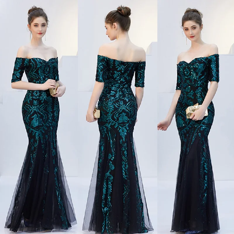 Off-the-shoulder Evening Tulle Sequins Short-Sleeve Mermaid Formal Dress Gown Silver Sequin Dress Off-the-shoulder Evening Tulle Sequins Short-Sleeve Mermaid Formal Dress Gown Silver Sequin Dress