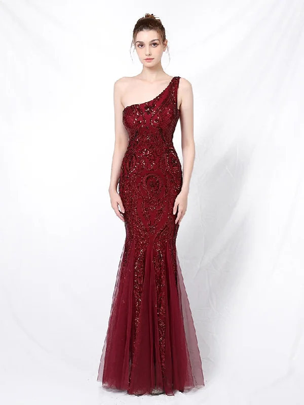 One-shoulder Tulle Sequins Evening Dress Long Mermaid Elegant Vestioes Prom Robe Burgundy White Formal Dress Sexy Sequin Gown
