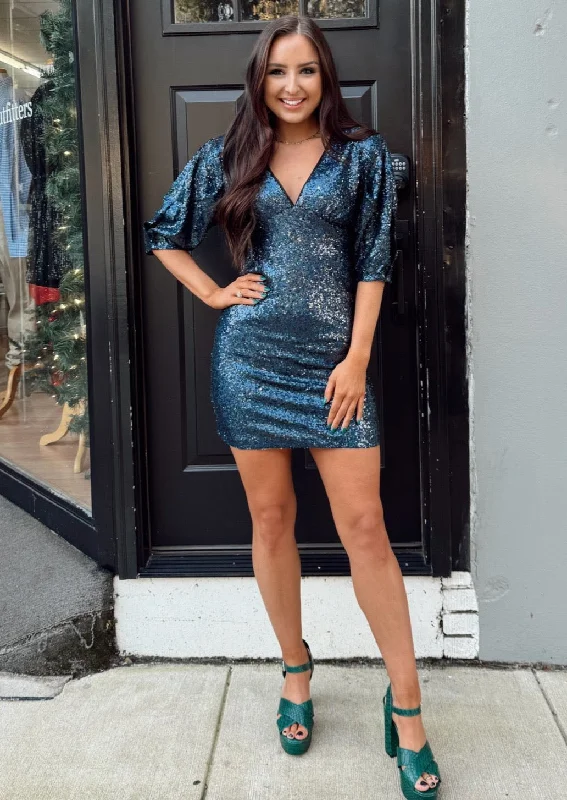 Sequin Puff Sleeve Dress by Molly Bracken High Neck Sequin