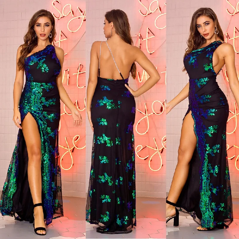 Sexy Backless Sequined Gown Diamond Sash Elastic Evening Dress Hight Slit Tulle Gown One-shoulder Sleveless Long Robe Dress Black Sequin Dress Sexy Backless Sequined Gown Diamond Sash Elastic Evening Dress Hight Slit Tulle Gown One-shoulder Sleveless Long Robe Dress Black Sequin Dress