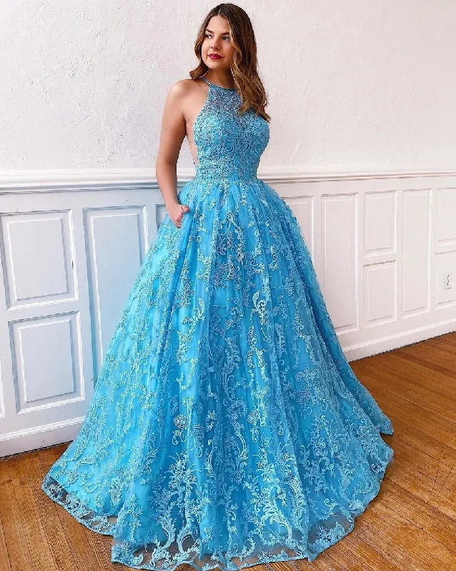 Chic Jewel Neckline Exquisite Lace Long Prom Dress with Pockets JKQ320 Lace Dress Appeal