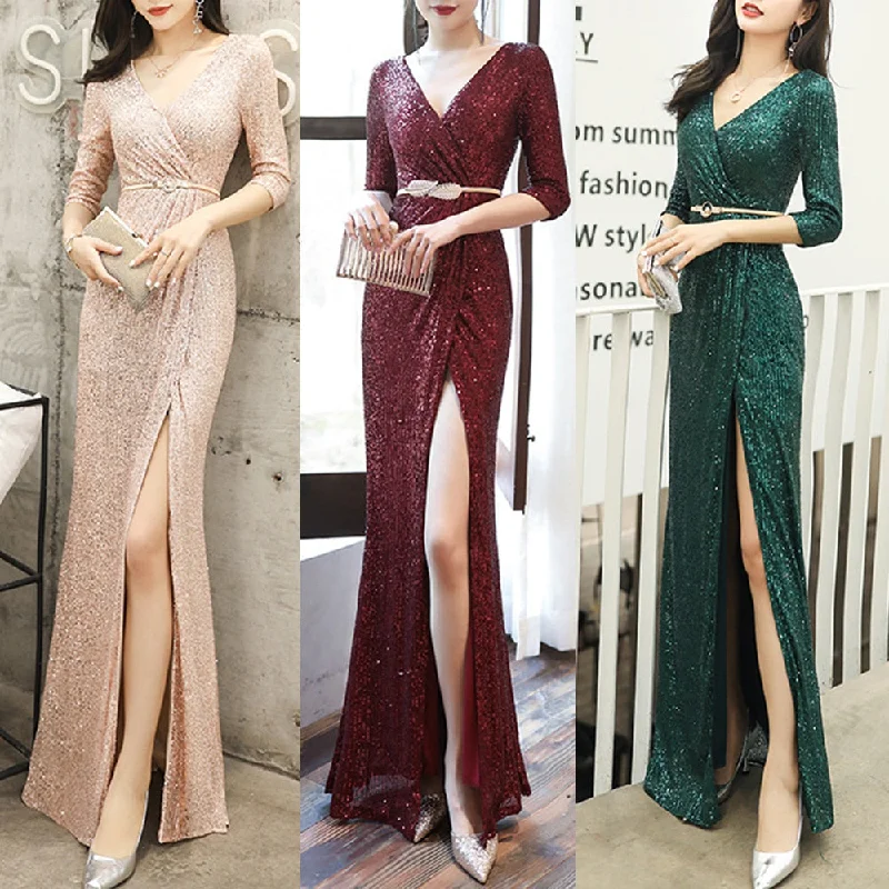 Sexy Side Split Shinning Sequins Evening Dress Half-Sleeve V-Neck Formal Prom Gowns Floor-Length Dress Sequin Backless Dress Sexy Side Split Shinning Sequins Evening Dress Half-Sleeve V-Neck Formal Prom Gowns Floor-Length Dress Sequin Backless Dress