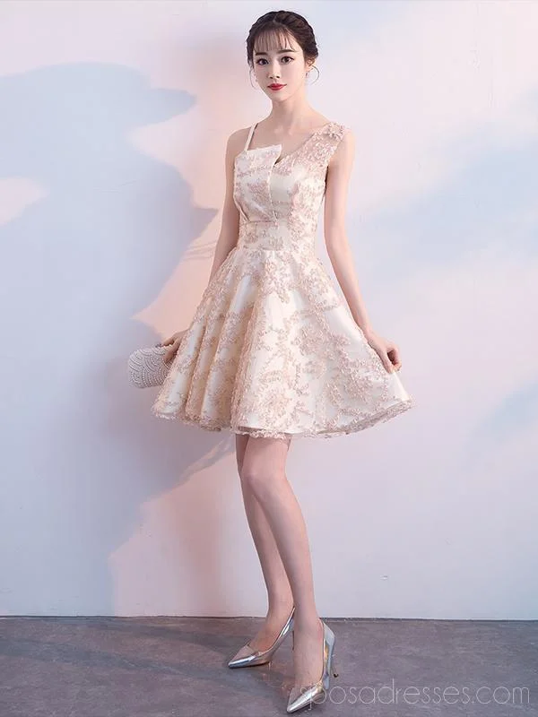 Unique Champagne Lace Cheap Homecoming Dresses Online, Cheap Short Prom Dresses, CM794 Romantic Lace Dress