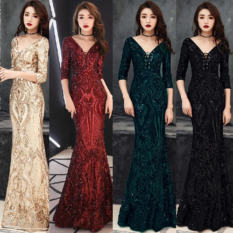 V-neck Backless Elegant Mermaid Formal Dress Sequined Half-sleeve Long Vestidos Gold Sequin Dress V-neck Backless Elegant Mermaid Formal Dress Sequined Half-sleeve Long Vestidos Gold Sequin Dress