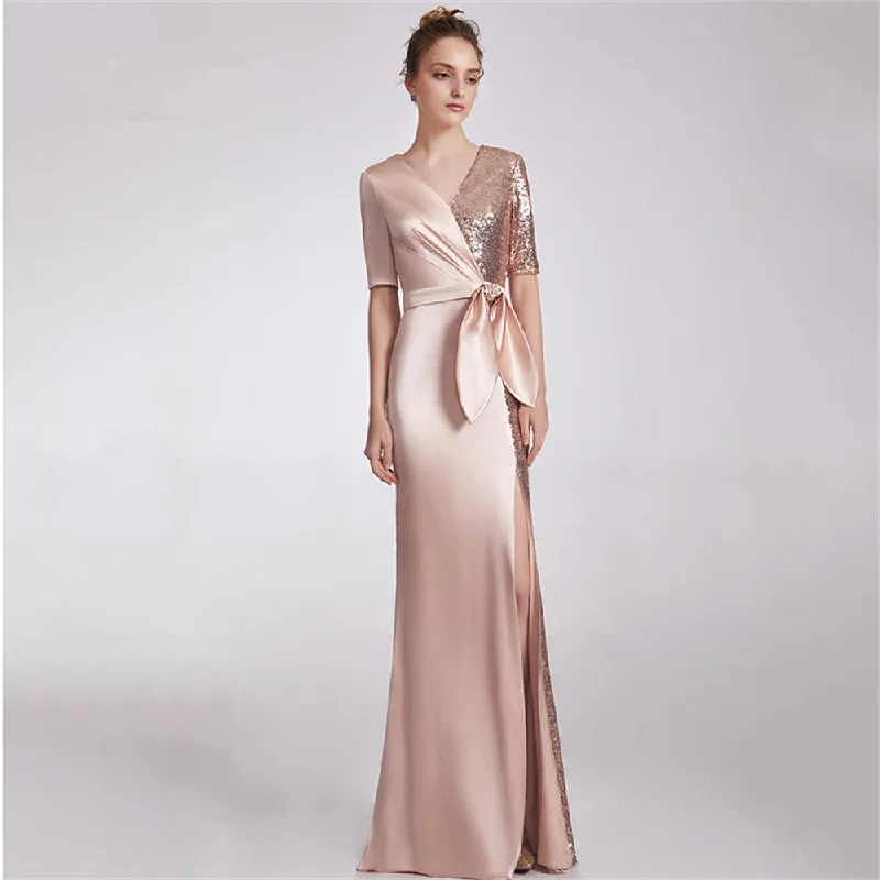 V-neck Elegant Half-Sleeve Evening Dress Bow Waist Formal Women Long Satin Sequins Prom Robe Dress Sequin Mini Dress