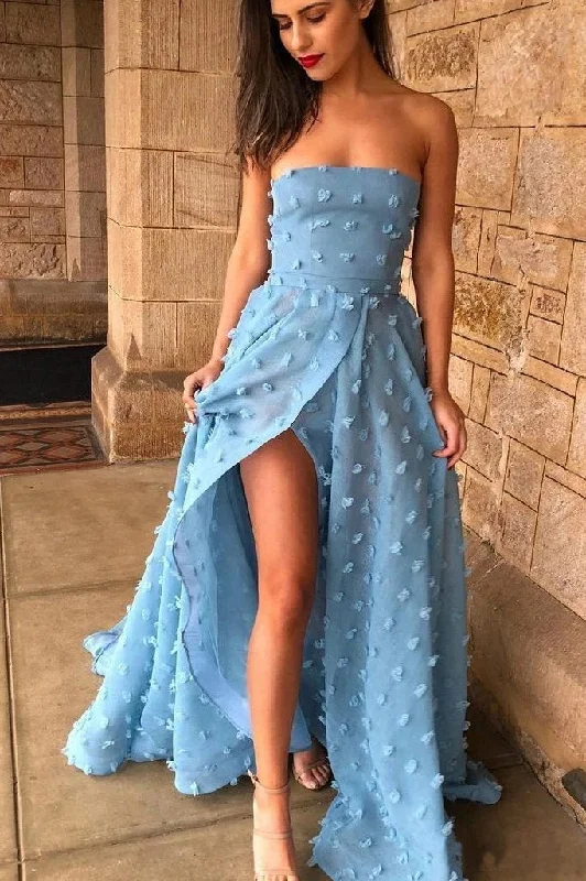 V-neck Spaghetti Straps Blue Lace A-Line Prom Dress JKZ8308 Lace Skater Dress