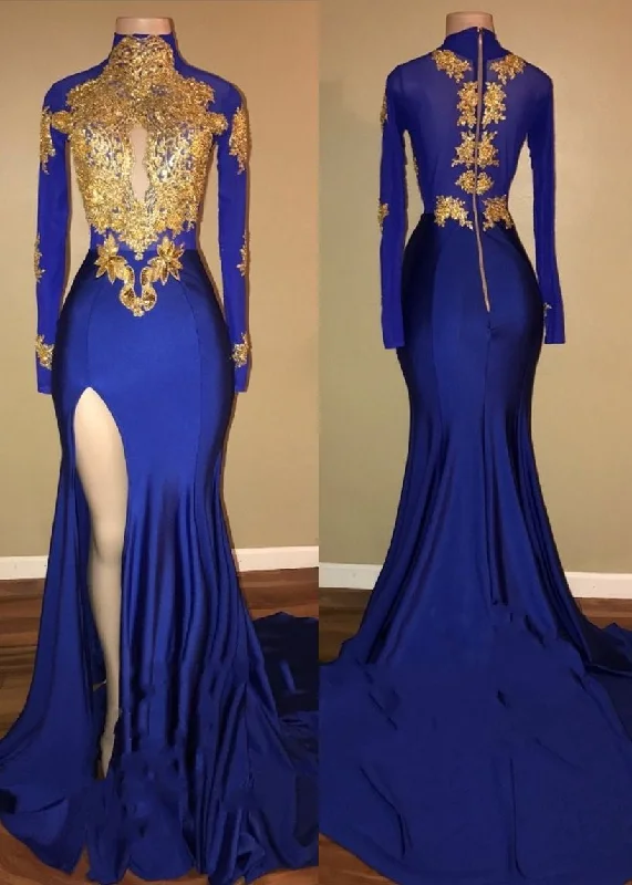 Veilace Women's Mermaid High Neck Prom Dress New Gold Appliques Long Sleeves Split Evening Gowns JKQ9999 Lace Dress Glamour Veilace Women's Mermaid High Neck Prom Dress New Gold Appliques Long Sleeves Split Evening Gowns JKQ9999 Lace Dress Glamour