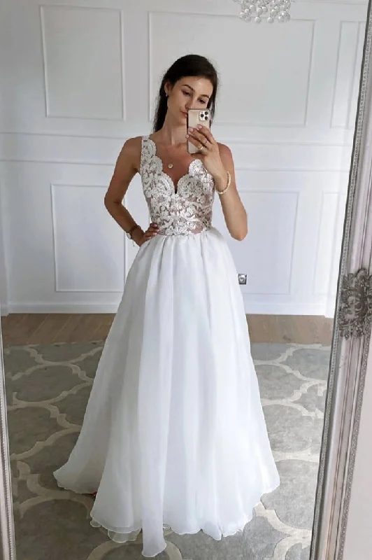 White Lace A line V Neck Chiffon Long Prom Evening  Dress GJS339 Sexy Lace Dress