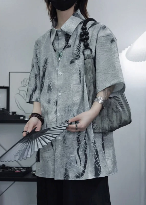 Art Grey Peter Pan Collar Print Cotton Men Shirt Summer YT082 Elegant Shirt Dress