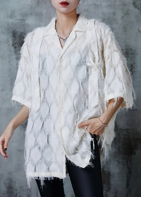 Beige Loose Cotton Shirts Tasseled Summer Formal Shirt Dress