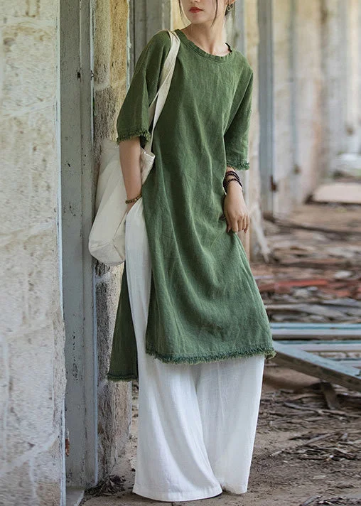 Boutique Green O Neck Side Open Linen T Shirts Dresses Summer LK037 Shirt Dress Style