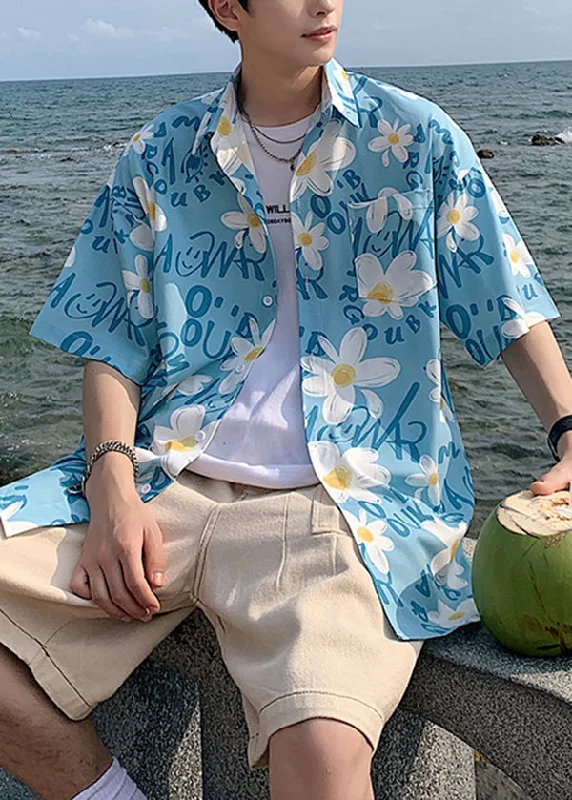 Chic Blue Peter Pan Collar Print Men Hawaiian Shirts Summer HG016 Casual Dress Shirt