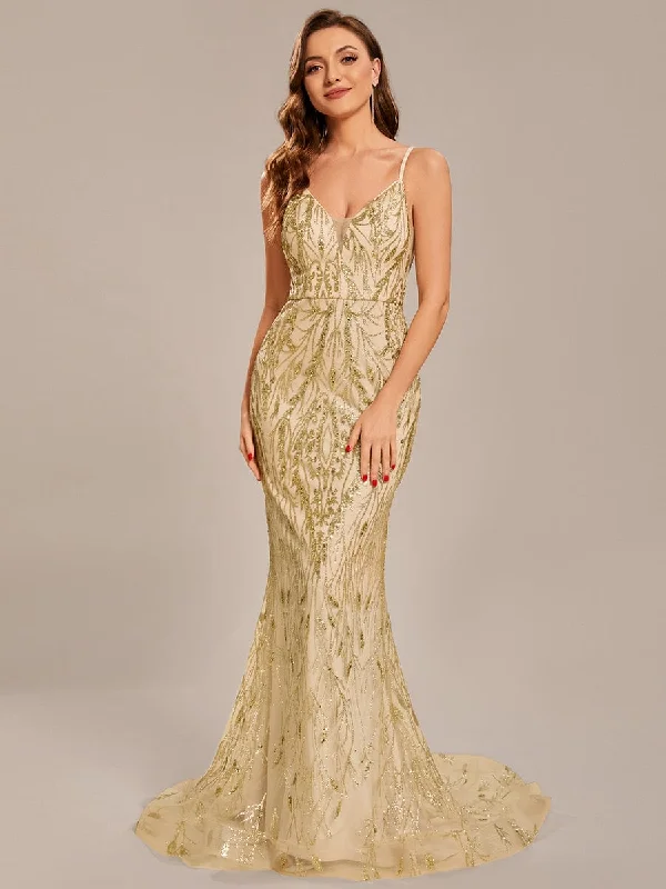Custom Size Sequin Elegant Spaghetti Strap Long Mermaid Prom Dress Sequin Dress Fit