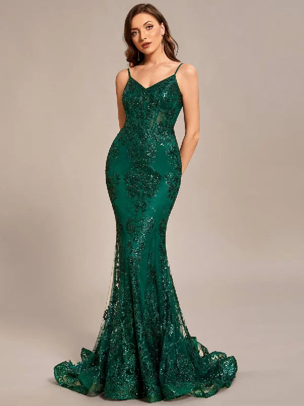 Custom Size Sequin Embroidered See-through Mermaid Prom Dress High Waist Sequin