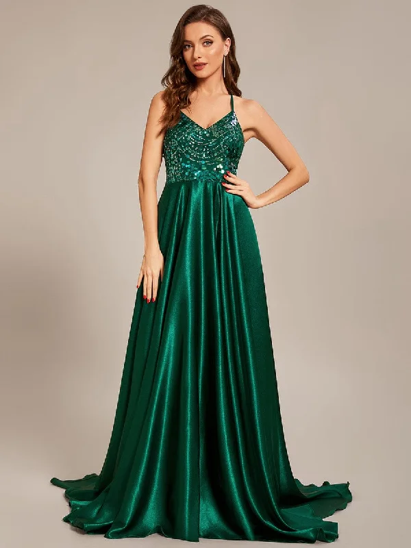 Custom Size V-neck Glitter Sequin Halter Long Prom Dress Off-shoulder Sequin