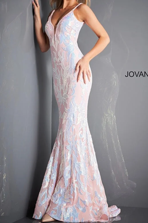 Deep V Neck Sequin Gown Flared Sequin Dress