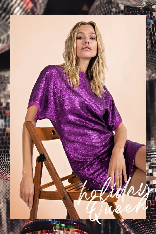 Magenta Sequin Crew Neck Holiday Dress Sequin Cocktail Gown
