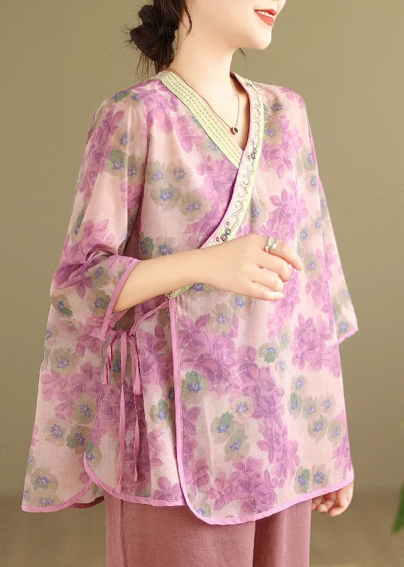 Pink Tie Waist Patchwork Shirt Summer UU031 White Linen Shirt
