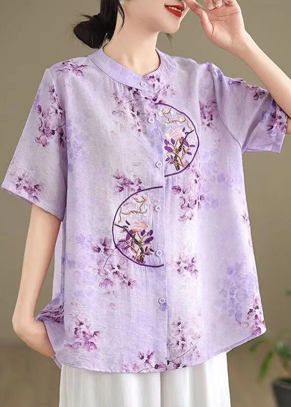 Retro Purple Stand Collar Embroidered Cotton Shirt Summer AP090 Shirt Dress Fashion