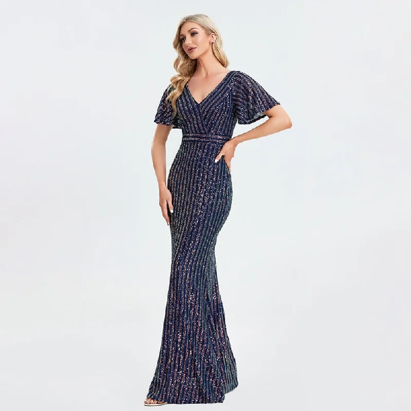 Short Ruffee Sleeve Eveing Dress Shinning Sequins V-neck Women Gowns Floor Length Mermaid Robes Sparkly Mini Sequin Short Ruffee Sleeve Eveing Dress Shinning Sequins V-neck Women Gowns Floor Length Mermaid Robes Sparkly Mini Sequin