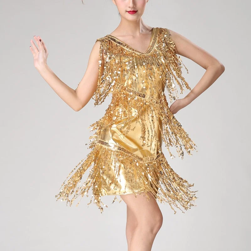 Stage Performance Costume Shiny Double V-Neck Sleeveless Sequin Tassel Latin Jazz Cha-cha Ballroom Dance Dress Vestido Sequin Bodycon Dress Stage Performance Costume Shiny Double V-Neck Sleeveless Sequin Tassel Latin Jazz Cha-cha Ballroom Dance Dress Vestido Sequin Bodycon Dress