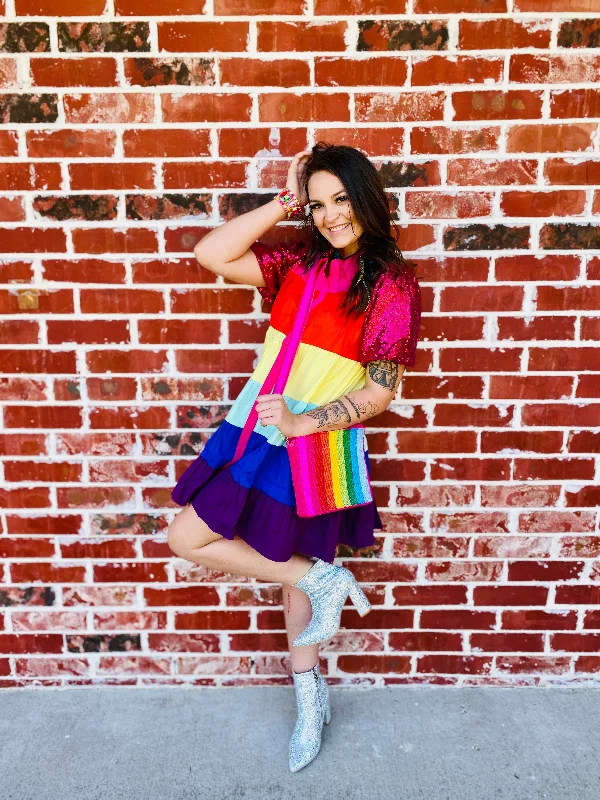 Whimsical Rainbow Sequin Puff Sleeve Collared Dress Sequin Gown Chic