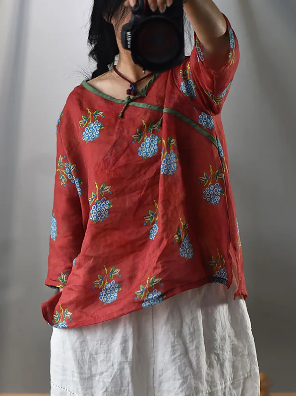 Women Summer Vintage Flower V-Neck Ramie Shirt FD041 Modern Shirt Dress