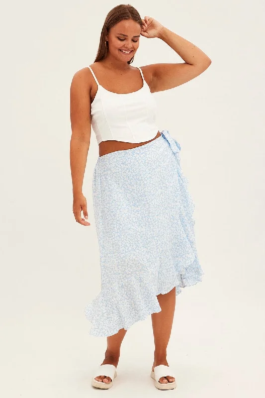 Blue Ditsy Wrap Skirt Midi Ruffle Pleated Satin Skirt