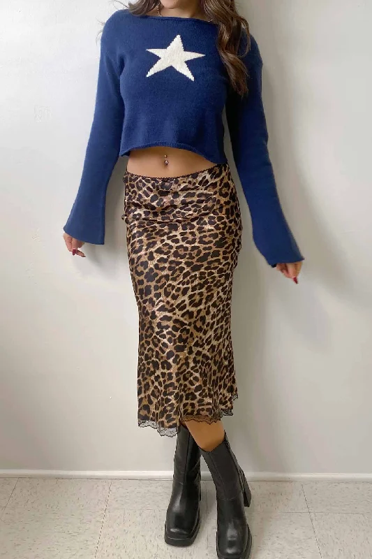 Leopard Print Satin Midi Skirt Soft Denim Midi
