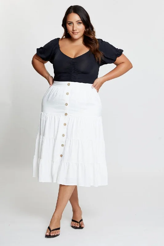 White Midi Skirt Mock Button Sporty Midi Skirt